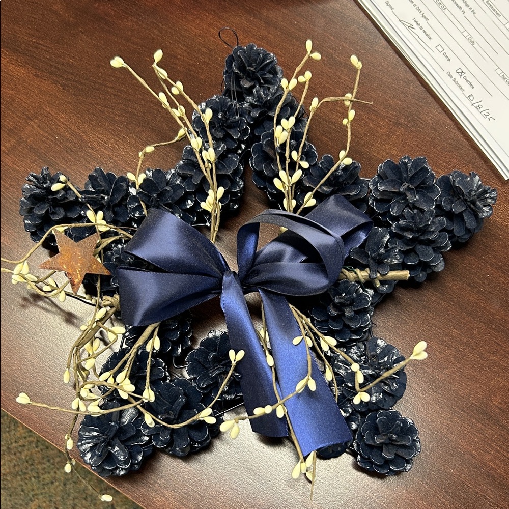 Navy Pinecone Star Wreath with Ribbon